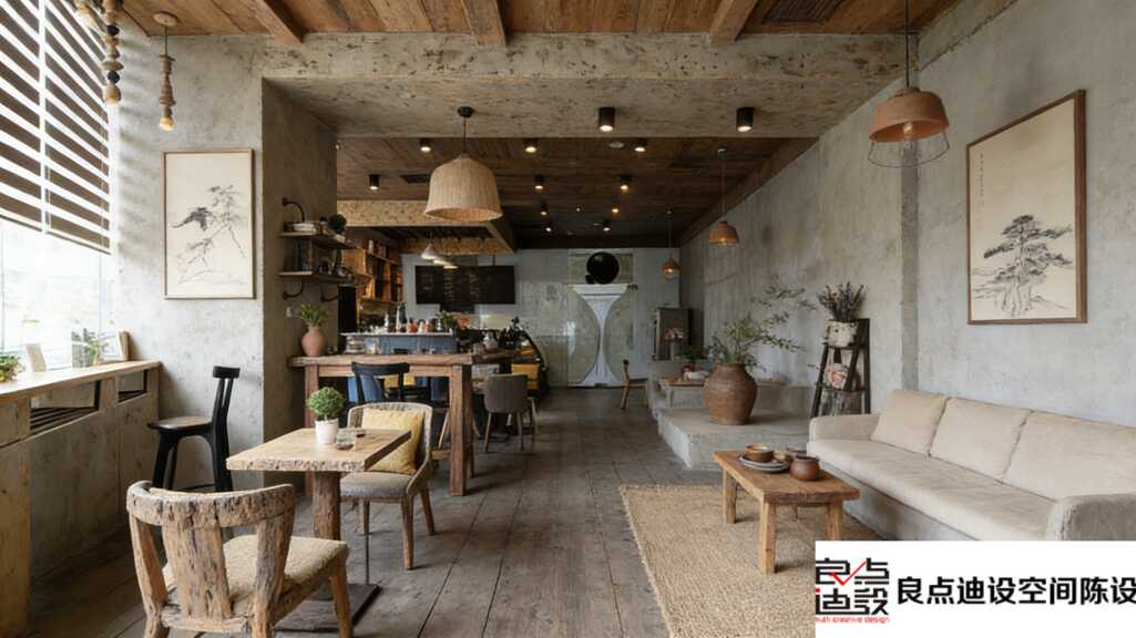 工业风咖啡店装修软装设计天花板‼️水泥墙+木地板yyds